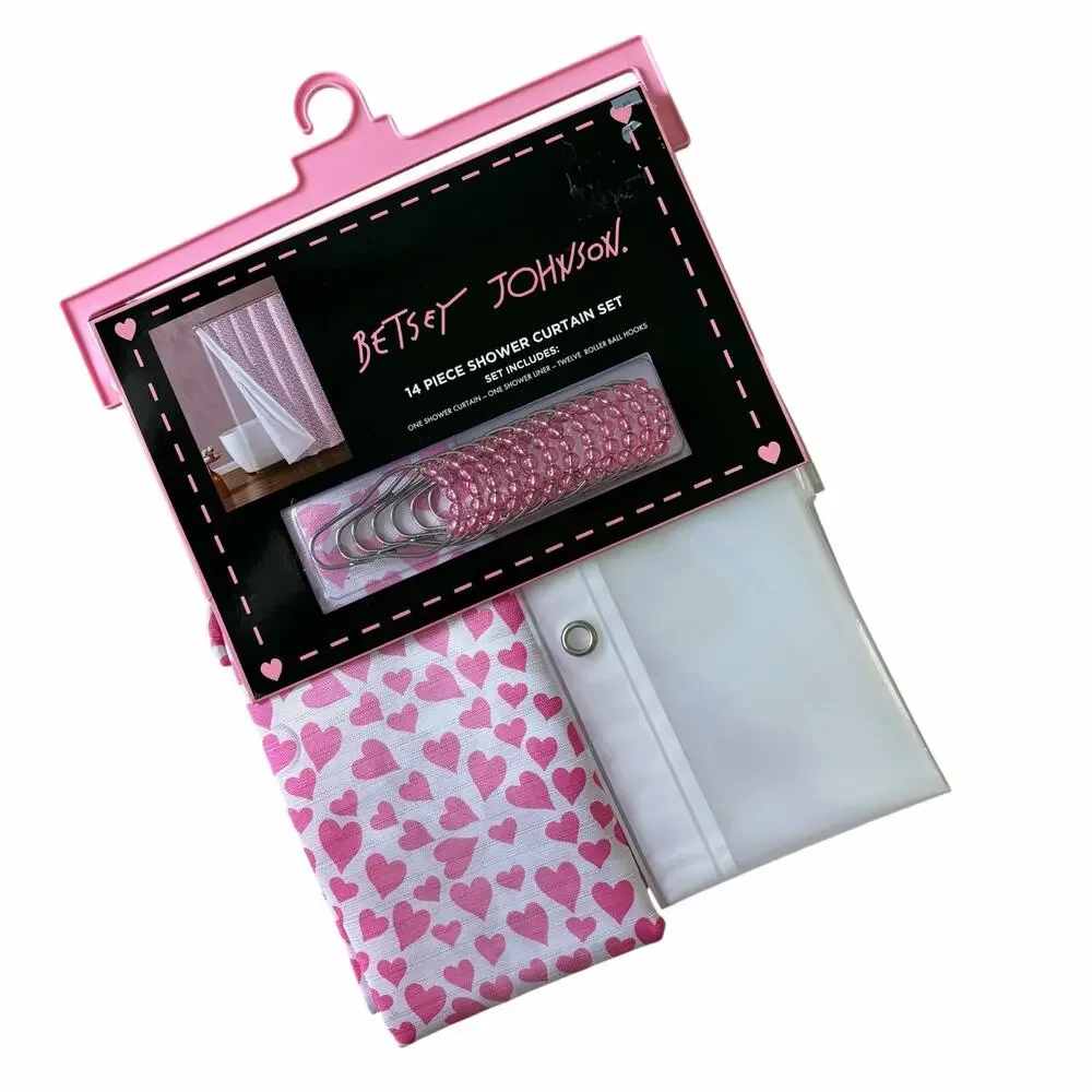 14pc Betsey Johnson Pink HEARTS Shower Curtain Hooks Liner Set 72x72 Valentine